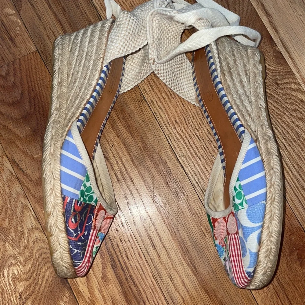 Coach Womens Kerrie Patchwork Canvas Wedge Espadrille Ankle Tie Sz 10